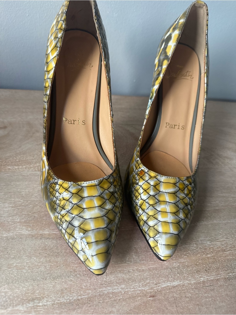 Christian Louboutin Yellow Snakeskin Pointed-Toe Pumps